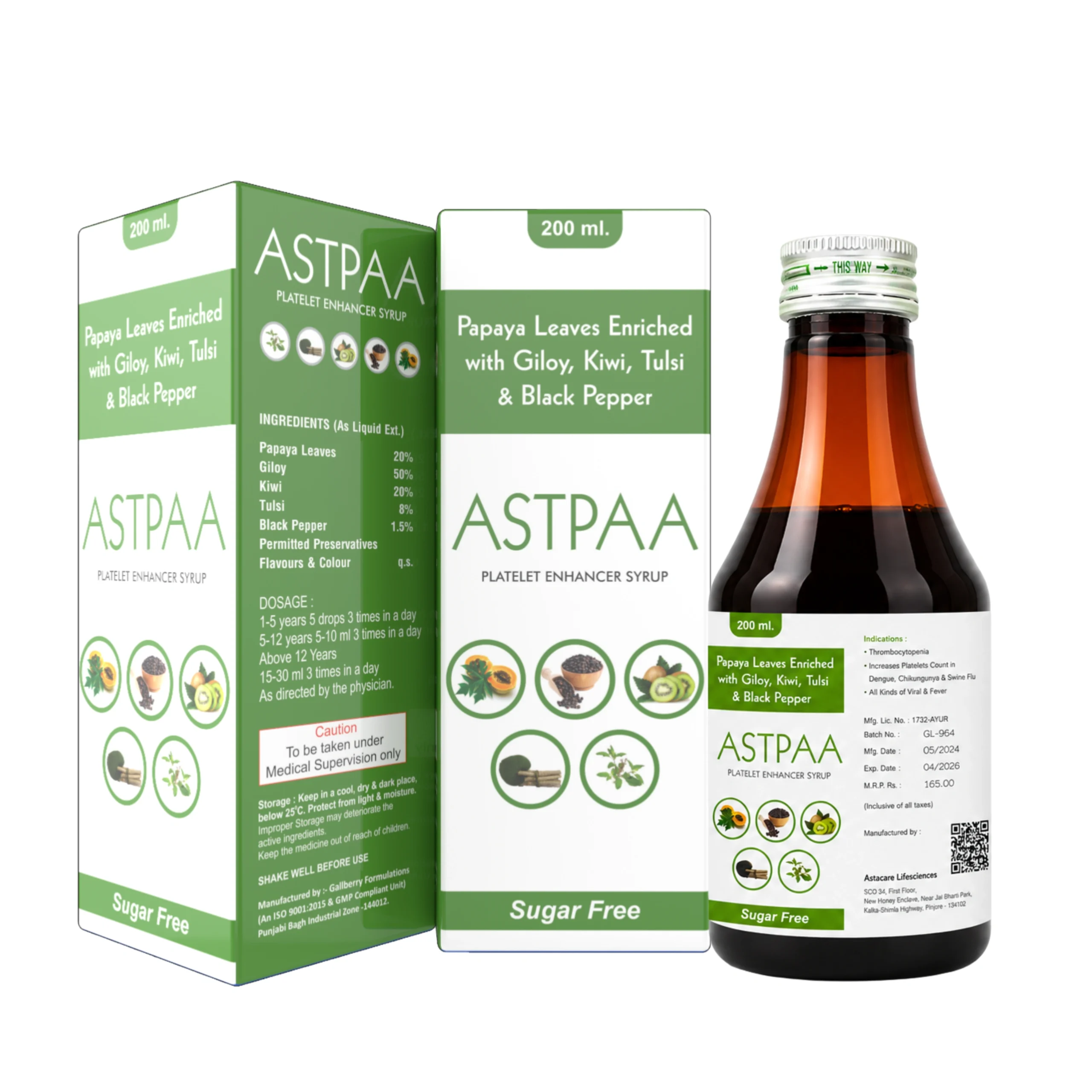 PAPAYA LEAVES 55% + GILOY 20% + KIWI 17% + TULSI 6% + BLACK PEPPER 1.5%